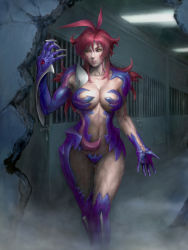 Rule 34 | 1girl, amaha masane, antenna hair, armor, bikini armor, black sclera, breasts, capeldonya, colored sclera, highres, large breasts, long hair, mature female, navel, red hair, solo, thigh gap, witchblade, yellow eyes