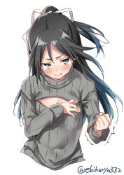 Rule 34 | 1girl, black hair, blue eyes, blue hair, blush, breast conscious, breasts, cleavage cutout, clothing cutout, ebifurya, frown, gradient hair, grey sweater, hair between eyes, hair ribbon, high ponytail, highres, kantai collection, katsuragi (kancolle), lips, long hair, looking at viewer, meme attire, multicolored hair, navel, open-chest sweater, ponytail, ribbed sweater, ribbon, simple background, small breasts, solo, sweater, tears, trembling, twitter username, upper body