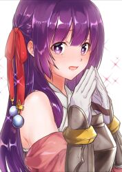 Rule 34 | 1girl, arianna caledonia, armor, bare shoulders, blush, breastplate, bright pupils, etrian odyssey, from side, gloves, hair ribbon, highres, long hair, looking at viewer, open mouth, purple eyes, purple hair, ribbon, sekaiju no meikyuu, shin sekaiju no meikyuu 2, solo, steepled fingers, upper body, user jakv3352, white background, white gloves, white pupils