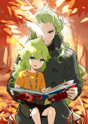 Rule 34 | 2boys, absurdres, aged down, akanboh, autumn leaves, black coat, book, brown shorts, buttons, coat, commentary request, creatures (company), day, father and son, game freak, ghetsis (pokemon), green eyes, green hair, highres, holding, holding book, long hair, long sleeves, looking down, male focus, multiple boys, n (pokemon), nintendo, open mouth, orange shirt, outdoors, parted lips, pokemon, pokemon bw, shirt, short sleeves, shorts, sitting, t-shirt