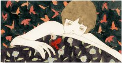 Rule 34 | androgynous, bed sheet, blue flower, blush, border, brown eyes, brown hair, bug, butterfly, colored skin, flower, insect, kishi takuya, original, painting (medium), pale skin, short hair, traditional media, under covers, watercolor (medium), white skin