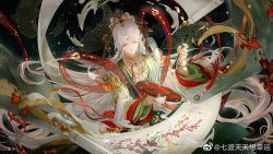 Rule 34 | 1girl, bracelet, chinese clothes, facial mark, forehead mark, hair ornament, hanfu, holding, jade (gemstone), jewelry, long hair, long sleeves, necklace, original, parted bangs, qi du tiantian xiang xingyun, scroll, solo, white hair, wide sleeves