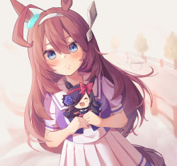 Rule 34 | 1girl, :d, ^ ^, ahoge, animal ears, blouse, blue eyes, blue shirt, blush, brown hair, character doll, closed eyes, closed mouth, commentary request, doll, grey hairband, hair between eyes, hairband, highres, holding, holding doll, horse ears, horse girl, horse tail, long hair, looking at viewer, mihono bourbon (umamusume), nut megu, open mouth, pleated skirt, puffy short sleeves, puffy sleeves, purple shirt, railing, rice shower (umamusume), school uniform, shirt, short sleeves, signature, skirt, smile, solo, tail, tracen school uniform, tree, umamusume, very long hair, white skirt