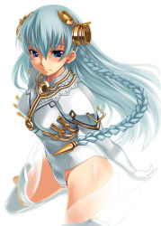 Rule 34 | 00s, 1girl, ar tonelico, ar tonelico i, blue eyes, blue hair, blush, bosshi, braid, breasts, floating hair, from side, gloves, groin, gust, hair between eyes, hair ornament, headgear, kneeling, leotard, light smile, long hair, looking at viewer, matching hair/eyes, see-through, shurelia (ar tonelico), silver hair, simple background, small breasts, smile, solo, thighhighs, thighs, twin braids, very long hair, white background, white gloves, white thighhighs