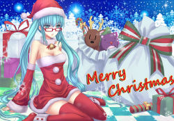 Rule 34 | 1girl, aqua eyes, aqua hair, bad id, bad pixiv id, bare shoulders, bell, bespectacled, checkered floor, christmas, detached sleeves, floor, gift, glasses, hatsune miku, infukun, long hair, merry christmas, sack, sitting, snowflakes, solo, thighhighs, twintails, very long hair, vocaloid, wariza, zhouran