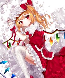 Rule 34 | 1girl, blonde hair, blush, expressionless, fetal position, flandre scarlet, flower, hat, hat ribbon, head tilt, head wreath, lace, lace legwear, looking at viewer, lying, mob cap, nail polish, on side, petals, petticoat, puffy short sleeves, puffy sleeves, red eyes, red footwear, red nails, red skirt, red vest, ribbon, sakizaki saki-p, shirt, short hair, short sleeves, side ponytail, skirt, solo, thighhighs, touhou, twitter username, vest, white background, white hat, white shirt, white thighhighs, wrist cuffs, wrist ribbon