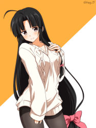 Rule 34 | 10s, 1girl, ahoge, aran sweater, black hair, blush, bow, brown eyes, cable knit, casual, cowboy shot, hair bow, hand on own chest, hand on own thigh, kantai collection, kisaragi hina, long hair, low-tied long hair, orange background, pantyhose, shouhou (kancolle), smile, solo, sweater, twitter username, two-tone background, very long hair, white background