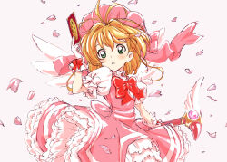 Rule 34 | 1girl, beret, bow, bowtie, brown hair, cardcaptor sakura, clow card, commentary request, cowboy shot, dress, fujimoto satoru, fuuin no tsue, glove bow, gloves, green eyes, hand up, hat, holding, holding wand, kinomoto sakura, magical girl, parted lips, petals, pink gloves, pink petals, puffy short sleeves, puffy sleeves, red bow, red bowtie, red dress, red headwear, short sleeves, simple background, solo, wand, white background, wings