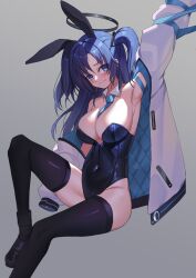 Rule 34 | 1girl, absurdres, alternate costume, animal ears, arm up, armpits, between breasts, black footwear, black halo, black thighhighs, blue archive, blue eyes, blue hair, blue leotard, blue necktie, breasts, cleavage, closed mouth, collar, commentary request, covered navel, detached collar, embarrassed, fake animal ears, grey background, hair ornament, halo, highres, invisible chair, jacket, knee up, kopeolgi, korean commentary, large breasts, leotard, long sleeves, looking at viewer, mechanical halo, multicolored clothes, multicolored jacket, necktie, necktie between breasts, off shoulder, parted bangs, playboy bunny, puffy long sleeves, puffy sleeves, rabbit ears, simple background, sitting, sleeves past fingers, sleeves past wrists, solo, strapless, strapless leotard, thighhighs, triangle hair ornament, two-tone jacket, two side up, white collar, white jacket, yuuka (blue archive)
