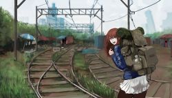 Rule 34 | 1girl, awning, backpack, bag, canteen, corrugated galvanised iron sheet, green eyes, highres, jacket, jittsu, open mouth, original, overhead line, pantyhose, power lines, railroad tracks, red hair, russian text, sign, skirt, skyline, solo, table, translated, umbrella
