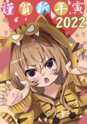 Rule 34 | 1girl, 2022, aisaka taiga, animal costume, animal print, blush, brown hair, claw pose, commentary request, facepaint, fang, hair between eyes, highres, iii (pixiv27971399), long sleeves, looking at viewer, multicolored background, open mouth, palmtop tiger, petals, pink eyes, polka dot, polka dot background, solo, tail, tiger costume, tiger print, tiger tail, toradora!, translation request, upper body, v-shaped eyebrows