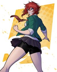Rule 34 | 1girl, absurdres, aizawa tomo, ass, bike shorts, bike shorts under skirt, clenched hand, highres, jacket, necktie, open clothes, open jacket, pleated skirt, red eyes, school uniform, short hair, skirt, solo, tomo-chan wa onna no ko