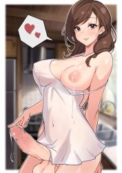 Rule 34 | 1girl, absurdres, apron, bare shoulders, blurry, blurry background, breasts, brown eyes, brown hair, closed mouth, covered navel, cowboy shot, erection, futanari, heart, highres, indoors, lactation, large breasts, large penis, lips, looking at viewer, mature female, naked apron, nipples, one breast out, original, penis, precum, smile, solo, spoken heart, testicles, uncensored, yoshiwo senpai
