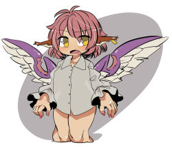 Rule 34 | 1girl, animal ears, bird ears, bird wings, blush, buttons, collared shirt, earrings, fang, feet out of frame, ini (inunabe00) (style), jewelry, long sleeves, mystia lorelei, nail polish, open mouth, parody, pink hair, pink nails, shirt, short hair, single earring, solo, style parody, touhou, white background, white shirt, white wings, wings, yellow eyes, yt (wai-tei)