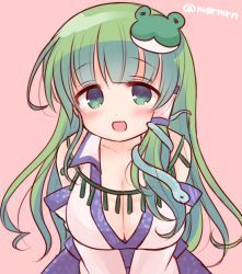 Rule 34 | 1girl, :d, bad id, bad pixiv id, blush, breasts, cleavage, detached sleeves, frog hair ornament, green eyes, green hair, hair ornament, hair tubes, jewelry, kochiya sanae, long hair, looking at viewer, mashiro miru, matching hair/eyes, necklace, open mouth, pink background, simple background, smile, snake hair ornament, solo, touhou, twitter username