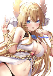 Rule 34 | 1girl, absurdres, azur lane, bare shoulders, black panties, blonde hair, blue eyes, blue flower, blue rose, blush, breasts, center opening, chain, cleavage, commentary request, flower, gold chain, hair between eyes, halterneck, hands up, highres, jewelry, large breasts, laurel crown, long hair, looking at viewer, makihige, navel, open mouth, panties, rose, simple background, smile, solo, stomach, twitter username, underwear, v, victorious (azur lane), white background