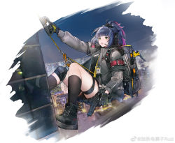 Rule 34 | 1girl, animal ears, arknights, backpack, bag, black footwear, black gloves, black jacket, black shirt, black thighhighs, blue hair, blush, building, cat ears, chinese commentary, cityscape, commentary request, fingerless gloves, full body, gloves, green eyes, gun, handgun, highres, holding, holding gun, holding weapon, ice axe, id card, jacket, jessica (arknights), jessica (ash) (arknights), jia redian ruzi ruzi, long sleeves, multicolored hair, navel, night, official alternate costume, open clothes, open jacket, open mouth, pistol, ponytail, purple hair, rappelling, shirt, shoes, short hair, socks, solo, thigh strap, thighhighs, torn clothes, torn shirt, weapon, weibo watermark
