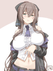 Rule 34 | 1girl, arm at side, artist name, assault lily, bare shoulders, belt, black bow, black jacket, black pants, blush, bow, breast lift, breasts, brown background, brown hair, buttons, center frills, collared shirt, commentary request, crop top, crossed bangs, frilled shirt, frills, gochisousama (tanin050), green eyes, hair between eyes, hair bow, half-closed eyes, hand on own stomach, hand up, highres, jacket, large breasts, long hair, long sleeves, looking at viewer, midriff, navel, necktie, off shoulder, official alternate costume, open clothes, open jacket, pants, parted lips, partially unbuttoned, pocket, ponytail, purple belt, purple necktie, serizawa chikaru, shirt, short necktie, sidelocks, sleeveless, sleeveless shirt, solo, standing, stomach, two-tone background, upper body, very long hair, white background, white shirt