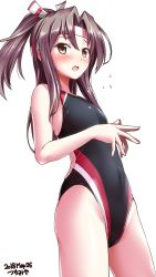 Rule 34 | 1girl, artist name, black one-piece swimsuit, brown eyes, competition swimsuit, covered navel, cowboy shot, dated, fingers together, grey hair, hachimaki, headband, high ponytail, highres, kantai collection, long hair, looking at viewer, one-piece swimsuit, open mouth, simple background, solo, swimsuit, tsuchimiya, white background, zuihou (kancolle)