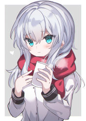 Rule 34 | 1girl, absurdres, black sailor collar, blue eyes, blush, border, buttons, closed mouth, cup, fathom, hair between eyes, hibiki (kancolle), highres, holding, holding cup, kantai collection, long hair, long sleeves, no headwear, no headwear, red scarf, sailor collar, sailor shirt, scarf, shirt, silver hair, smile, solo, upper body, verniy (kancolle), white border, white shirt