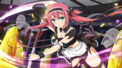 Rule 34 | 1girl, airi (queen&#039;s blade), airi (the infernal temptress), apron, black bow, black dress, black footwear, black ribbon, black thighhighs, blue eyes, bow, bowtie, breasts, cleavage, clothing cutout, collar, crossover, dress, floating, frilled dress, frilled sleeves, frills, ghost, hair bow, hair ribbon, holding, holding weapon, indoors, long hair, looking at viewer, maid, maid apron, maid headdress, medium breasts, official art, pleated dress, puffy short sleeves, puffy sleeves, queen&#039;s blade, red hair, ribbon, sash, scythe, senran kagura, senran kagura new link, short dress, short sleeves, solo focus, thighhighs, torn clothes, twintails, two side up, underwear, very long hair, waist apron, weapon, white apron, white sash, wrist cuffs, yaegashi nan