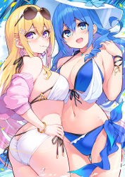 Rule 34 | 2girls, :d, ahoge, ass, bare shoulders, bikini, blonde hair, blue bikini, blue bow, blue eyes, blue hair, bow, breasts, butt crack, cleavage, closed mouth, commentary request, cowboy shot, cu-no, day, earrings, eyewear on head, gluteal fold, hair ornament, hairclip, hakurei botan, hand on own hip, hand up, hat, hat bow, hisen kaede, jacket, jewelry, kohitsuji ai, large breasts, long hair, looking at viewer, looking back, mouth hold, multicolored hair, multiple girls, nail polish, navel, off shoulder, open clothes, open jacket, open mouth, outdoors, pink jacket, purple eyes, purple hair, side-tie bikini bottom, smile, sun hat, sunglasses, swimsuit, thigh gap, two-tone hair, very long hair, white bikini, white headwear