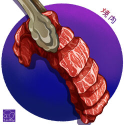Rule 34 | artist logo, food, food focus, highres, meat, no humans, original, raw meat, tongs, yuki00yo