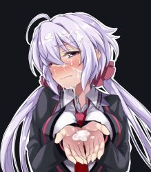 Rule 34 | 1girl, ahoge, black background, breasts, cum, cum in mouth, cum on hair, cum on hands, cumdrip, cupping hands, facial, highres, large breasts, long hair, looking at viewer, low twintails, lydian academy school uniform, necktie, own hands together, purple eyes, purple hair, red necktie, school uniform, senki zesshou symphogear, solo, twintails, yukine chris, yunodon (sugar maple)