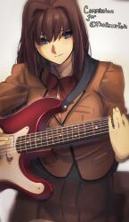 Rule 34 | 1girl, aozaki aoko, blazer, blue eyes, bow, bowtie, breast pocket, breasts, brown hair, code nt, commentary, commission, cowboy, english commentary, english text, guitar, hair intakes, highres, holding, instrument, jacket, large breasts, light smile, long hair, long sleeves, looking at viewer, mahou tsukai no yoru, music, playing instrument, pocket, red bow, red bowtie, school uniform, shirt, simple background, skirt, smile, solo, western, white background