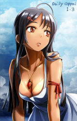 Rule 34 | 1girl, ahoge, bail, bare shoulders, black hair, breasts, cleavage, cloud, collarbone, dark skin, dark-skinned female, dated, day, dress, hair ornament, hairclip, jewelry, large breasts, long hair, looking away, necklace, open mouth, original, pendant, red eyes, ribbon, sky, solo, sundress, tan, tanline
