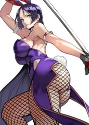 Rule 34 | 1girl, absurdres, animal ears, ass, bare shoulders, breasts, fake animal ears, fate/grand order, fate (series), highres, katana, large breasts, leotard, long hair, looking at viewer, minamoto no raikou (fate), pantyhose, parted bangs, playboy bunny, purple eyes, purple hair, purple leotard, rabbit ears, rabbit tail, simple background, solo, sword, tail, thighs, very long hair, weapon, white background, yoshio (55level)