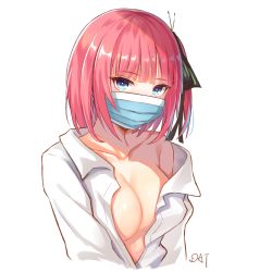 Rule 34 | 1girl, aqua eyes, breasts, cleavage, da-cart, go-toubun no hanayome, highres, large breasts, looking at viewer, mask, md5 mismatch, mouth mask, nakano nino, open clothes, open shirt, parted lips, pink hair, short hair, simple background, solo, surgical mask, white background