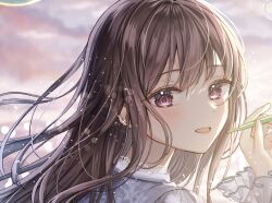Rule 34 | 1girl, blurry, blush, bokeh, brown hair, bubble, blowing bubbles, close-up, depth of field, frilled shirt, frills, highres, holding straw, light particles, light smile, long hair, long sleeves, looking at viewer, open mouth, original, portrait, purple eyes, sakura (39ra), shirt, solo