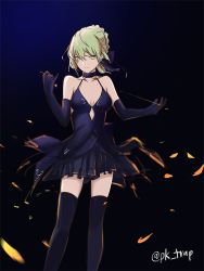 Rule 34 | argyle, argyle clothes, argyle cutout, artoria pendragon (all), artoria pendragon (fate), bare shoulders, black background, black dress, black thighhighs, blonde hair, braid, breasts, character cutout, choker, cleavage, clothing cutout, dress, elbow gloves, fate/grand order, fate (series), french braid, gloves, hair up, low neckline, pk trap, saber (fate), saber alter, short dress, signature, simple background, solo, standing, thighhighs, type-moon, wind, yellow eyes, zettai ryouiki
