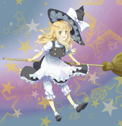 Rule 34 | 1girl, apron, blonde hair, bloomers, bobby socks, bow, broom, buttons, female focus, hair bow, hat, kirisame marisa, long hair, meet (105r), open mouth, short hair, smile, socks, solo, star (symbol), starry background, touhou, underwear, unworn hat, unworn headwear, waist apron, witch, witch hat, yellow eyes
