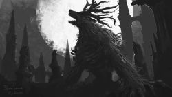 Rule 34 | antlers, artist name, bloodborne, cleric beast, commentary, copyright name, fur, greyscale, highres, horns, monochrome, monster, moon, night, open mouth, ribs, scenery, sharp teeth, sketch, solo, statue, teeth, tripdancer