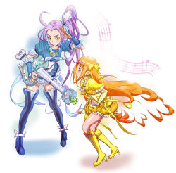Rule 34 | 10s, 2girls, beamed quavers, blue footwear, blue skirt, blue thighhighs, boots, bow, brooch, bubble skirt, choker, circlet, cure beat, cure muse, cure muse (yellow), earrings, frilled skirt, frills, full body, guitar, hair bow, hair ornament, hair ribbon, heart, heart hair ornament, instrument, itsuzuki kanau, itsuzukikanau, jewelry, knee boots, kurokawa eren, long hair, love guitar rod, magical girl, multiple girls, musical note, orange hair, precure, purple hair, quaver, red eyes, ribbon, seiren (suite precure), shirabe ako, side ponytail, skirt, staff (music), suite precure, thigh boots, thighhighs, white background, wrist cuffs, yellow bow, yellow eyes, yellow skirt