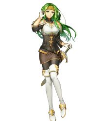 Rule 34 | 1girl, armor, artist request, belt, boots, breastplate, closed mouth, fire emblem, fire emblem: the sacred stones, fire emblem heroes, full body, gloves, gold trim, green eyes, green hair, hand up, headband, high heels, highres, long hair, looking at viewer, miniskirt, nintendo, non-web source, official art, pantyhose, sheath, sheathed, short sleeves, shoulder armor, shoulder pads, skirt, smile, solo, standing, sword, syrene (fire emblem), thigh boots, transparent background, turtleneck, weapon