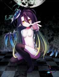 Rule 34 | 1girl, absurdres, bad id, bad pixiv id, black thighhighs, blonde hair, breasts, checkered floor, collarbone, crying, dark background, highres, long hair, looking at viewer, mechanical parts, mechanical wings, multicolored hair, navel, no game no life, nude, purple hair, reaching, reaching towards viewer, shuvi (no game no life), small breasts, smile, solo, squatting, thighhighs, very long hair, wings, yellow eyes