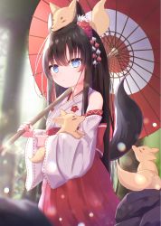 1girl animal animal_ear_fluff animal_ears animal_on_head bare_shoulders black_hair blue_eyes blurry blurry_background blurry_foreground commentary_request day depth_of_field detached_sleeves flower fox fox_ears fox_girl fox_tail hair_between_eyes hair_flower hair_ornament hakama hakama_skirt highres holding holding_animal holding_umbrella japanese_clothes kimono liuliu long_hair long_sleeves looking_at_viewer miko oil-paper_umbrella on_head original outdoors parted_lips red_flower red_hakama red_rose red_umbrella ribbon-trimmed_sleeves ribbon_trim rose skirt sleeveless sleeveless_kimono sleeves_past_wrists solo tail umbrella very_long_hair white_kimono white_sleeves wide_sleeves