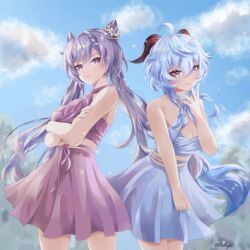 Rule 34 | 2girls, ahoge, alternate costume, bare arms, bare shoulders, blue skirt, blue sky, blurry, blurry background, braid, breasts, cleavage, closed mouth, cloud, commentary, cone hair bun, contemporary, cowboy shot, criss-cross halter, crop top, crossed arms, double bun, floating hair, flower, ganyu (genshin impact), genshin impact, goat horns, gradient eyes, hair between eyes, hair bun, hair flower, hair ornament, halterneck, hand up, horns, keqing (genshin impact), lolbyts, long hair, medium breasts, midriff, multicolored eyes, multiple girls, outdoors, pleated skirt, ponytail, purple eyes, purple shirt, purple skirt, ribbon, shirt, side-by-side, sidelocks, skirt, sky, sleeveless, sleeveless shirt, smile, standing, thighs, twintails, twitter username, white flower