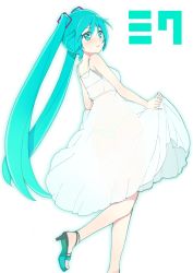 Rule 34 | 1girl, aqua eyes, aqua hair, character name, dress, female focus, haruyuki (yukichasoba), hatsune miku, high heels, highres, long hair, looking back, panties, see-through, see-through silhouette, shoes, skirt hold, solo, striped clothes, striped panties, twintails, underwear, very long hair, vocaloid, white background