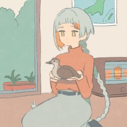Rule 34 | 1girl, alternate costume, animal, bird, blunt bangs, braid, braided ponytail, bright pupils, chis-a, closed mouth, dot mouth, duck, expressionless, glass door, grey hair, grey skirt, highres, holding, holding animal, holding bird, indoors, japan, long hair, long skirt, long sleeves, looking at animal, map (object), muji (uimss), multicolored hair, no sclera, on floor, orange hair, orange sweater, plant, potted plant, raised eyebrows, seiza, shirt tucked in, sitting, skirt, solo, space heater, streaked hair, sweater, turtleneck, very long hair, voisona, white pupils, yellow eyes