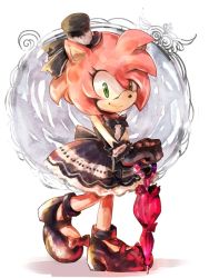 Rule 34 | 1girl, alternate costume, amy rose, artist request, dress, female focus, furry, furry female, gothic lolita, green eyes, hat, lolita fashion, looking at viewer, no humans, parasol, sega, solo, sonic (series), tagme, umbrella