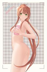 Rule 34 | 1girl, absurdres, ass, bow, breasts, brown hair, character name, commentary, completely nude, copyright name, doki doki literature club, green eyes, hair bow, highres, ihsara10, long hair, looking at viewer, medium breasts, monika (doki doki literature club), nail polish, nude, phone, pink nails, ponytail, selfie, smile, solo, underboob, white bow