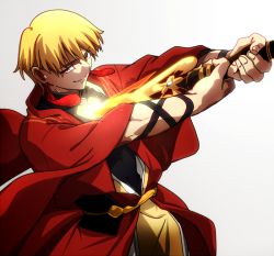 Rule 34 | 10s, 1boy, blonde hair, cape, chaos dragon, chietori, fate/stay night, fate (series), gilgamesh (fate), gradient background, male focus, qisha tianling, red dragon, red eyes, seki tomokazu, solo, sword, voice actor connection, weapon
