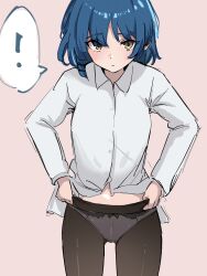 Rule 34 | !, 1girl, absurdres, black pantyhose, blue hair, bocchi the rock!, brown background, closed mouth, collared shirt, commentary request, highres, looking at viewer, panties, panties under pantyhose, pantyhose, shirt, short hair, simple background, sketch, solo, spoken exclamation mark, ukitaryu, underwear, upper body, white panties, white shirt, yamada ryo, yellow eyes