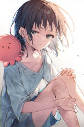 Rule 34 | 1girl, ahoge, animal, animal on shoulder, blue shirt, blue shorts, brown eyes, brown hair, closed mouth, copyright request, dirty, feet out of frame, highres, looking at viewer, medium hair, o3o, octopus, shirt, short sleeves, shorts, simple background, sitting, smile, solo, takopii no genzai, toosaka asagi, white background