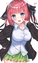 Rule 34 | 1girl, :d, absurdres, black cardigan, black ribbon, blue eyes, blunt bangs, blush, breasts, cardigan, cleavage, collarbone, collared shirt, cowboy shot, dress shirt, finger to cheek, go-toubun no hanayome, green skirt, hair ornament, hair ribbon, hand on own hip, heart, highres, large breasts, long hair, long sleeves, looking at viewer, nail polish, nakano nino, open cardigan, open clothes, open mouth, pink hair, rain sunny, ribbon, shirt, simple background, skirt, smile, solo, thigh gap, two side up, white background, white shirt