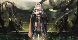 Rule 34 | 1girl, absurdres, arm guards, armor, belt, bird, black gloves, black hairband, blue dress, braid, breasts, cape, chest guard, chest harness, cleavage, closed mouth, dress, eagle, elden ring, falling feathers, feathers, fingerless gloves, french braid, gloves, green eyes, haimura, hair between eyes, hairband, harness, highres, holding, holding weapon, hololive, large breasts, leg armor, looking at viewer, medium hair, mole, mole on breast, mountain, over shoulder, scenery, shirogane noel, shirogane noel (1st costume), shoulder armor, silver hair, site of grace, thighhighs, two-tone dress, virtual youtuber, weapon, weapon over shoulder, white dress